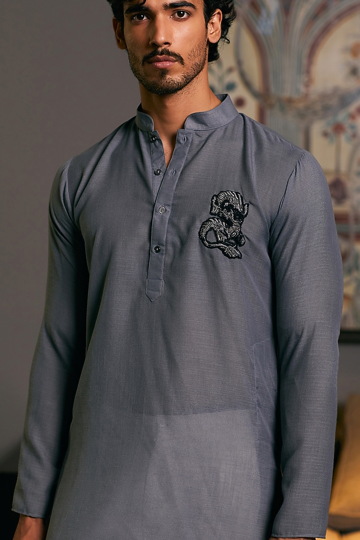 Slate Grey Blended Linen Asymmetric Embroidered Kurta by Siddartha Tytler Men at Pernia's Pop Up Shop