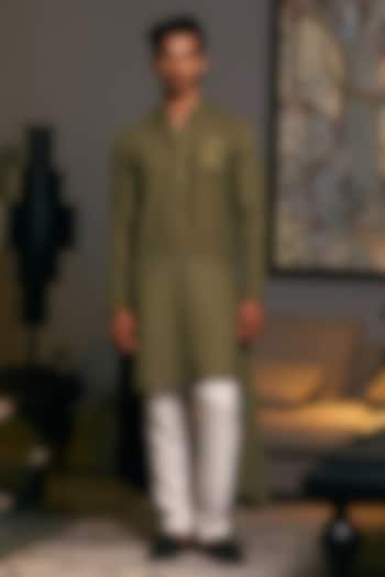 Olive Blended Linen Asymmetric Embroidered Kurta by Siddartha Tytler Men