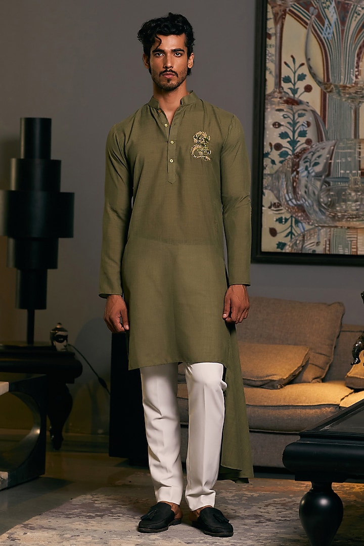 Olive Blended Linen Asymmetric Embroidered Kurta by Siddartha Tytler Men