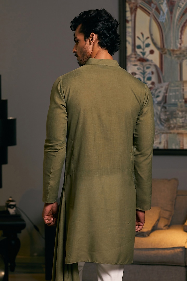 Olive Blended Linen Asymmetric Embroidered Kurta by Siddartha Tytler Men at Pernia's Pop Up Shop