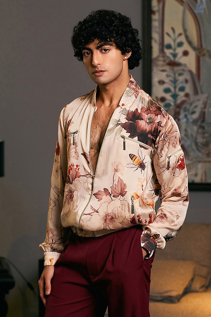 Beige Bemberg Satin Printed Bomber Jacket by Siddartha Tytler Men