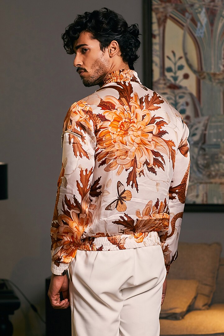 Beige Bemberg Satin Printed Bomber Jacket by Siddartha Tytler Men at Pernia's Pop Up Shop