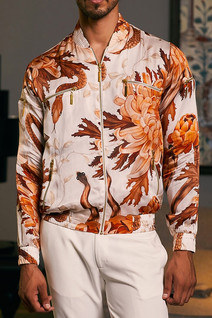 Beige Bemberg Satin Printed Bomber Jacket by Siddartha Tytler Men at Pernia's Pop Up Shop