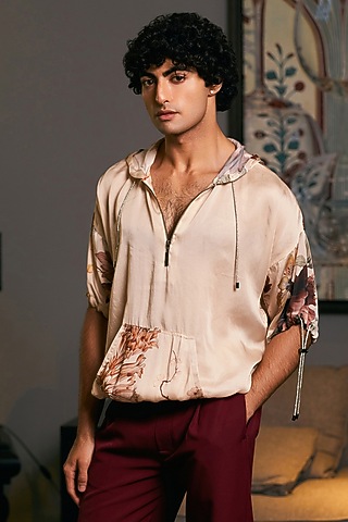 Beige Bemberg Satin Printed Jumper by Siddartha Tytler Men
