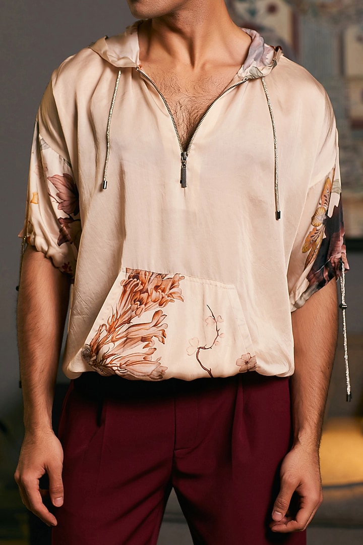 Beige Bemberg Satin Printed Jumper by Siddartha Tytler Men at Pernia's Pop Up Shop