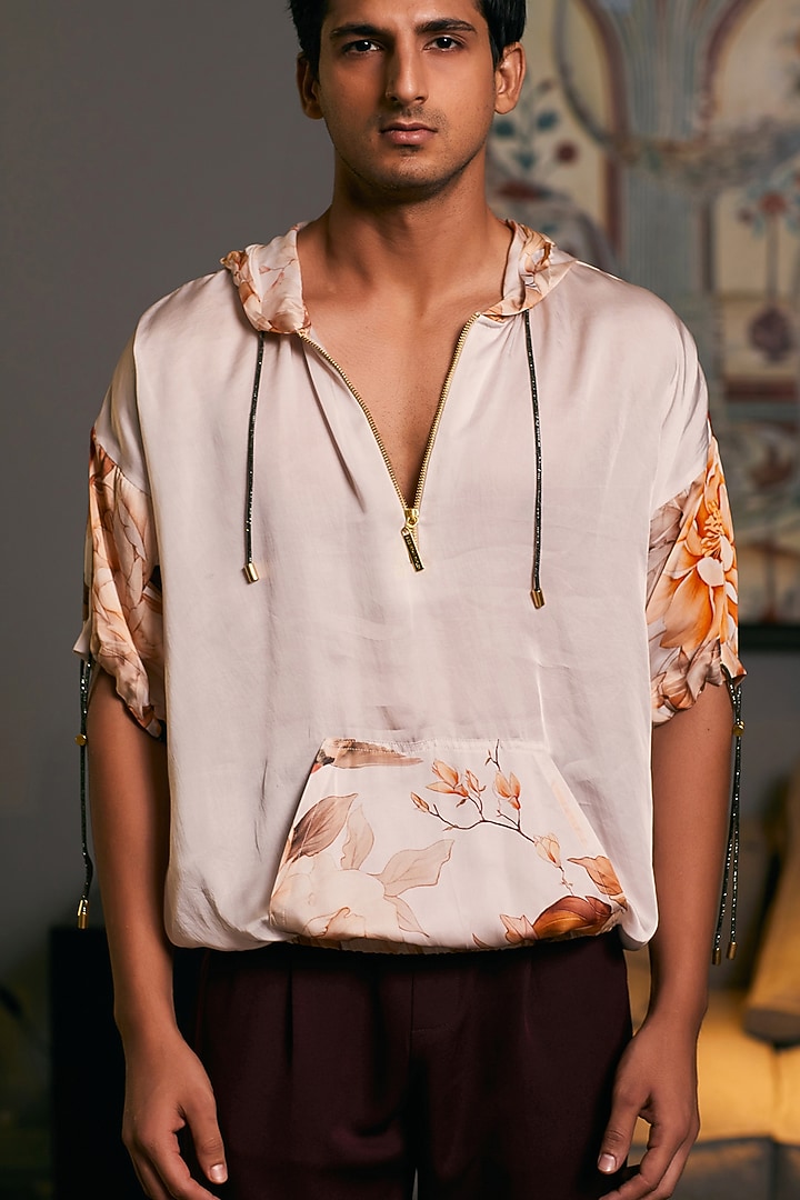 Beige Bemberg Satin Printed Jumper by Siddartha Tytler Men at Pernia's Pop Up Shop