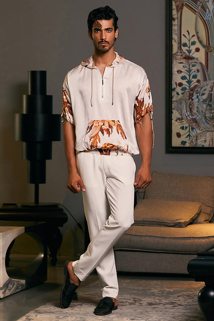 Beige Bemberg Satin Printed Jumper by Siddartha Tytler Men at Pernia's Pop Up Shop