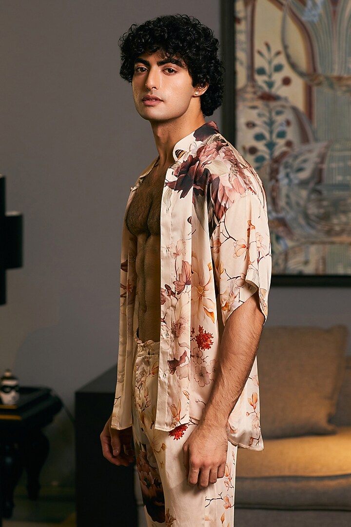 Beige Bemberg Satin Printed Co-Ord Set by Siddartha Tytler Men at Pernia's Pop Up Shop