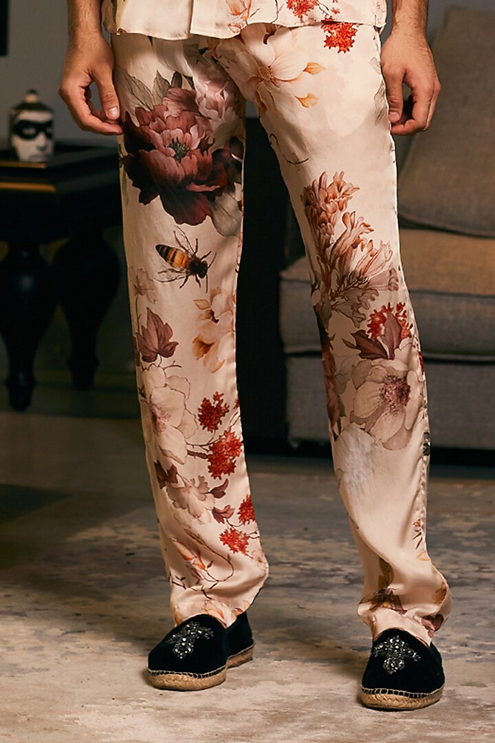 Beige Bemberg Satin Printed Co-Ord Set by Siddartha Tytler Men at Pernia's Pop Up Shop