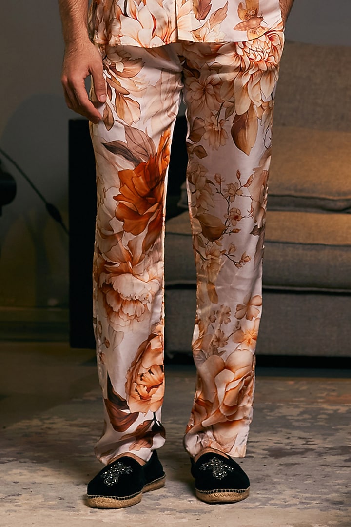Beige Bemberg Satin Printed Co-Ord Set by Siddartha Tytler Men at Pernia's Pop Up Shop
