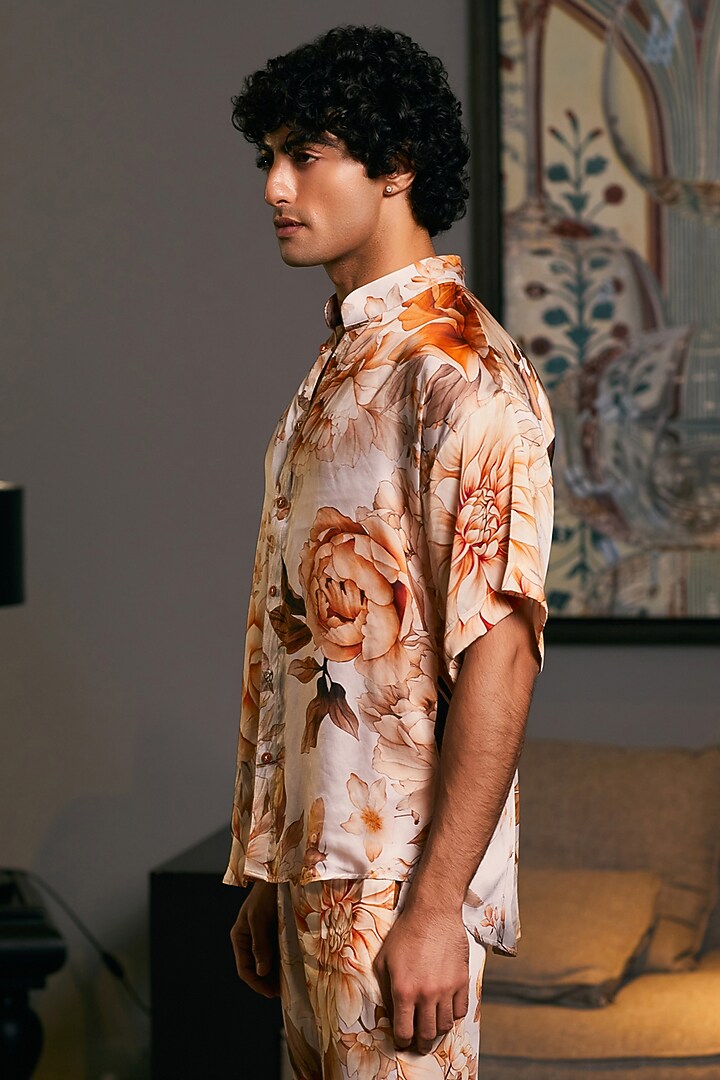 Beige Bemberg Satin Printed Co-Ord Set by Siddartha Tytler Men at Pernia's Pop Up Shop