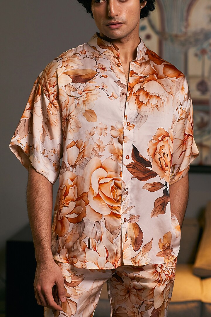 Beige Bemberg Satin Printed Co-Ord Set by Siddartha Tytler Men at Pernia's Pop Up Shop