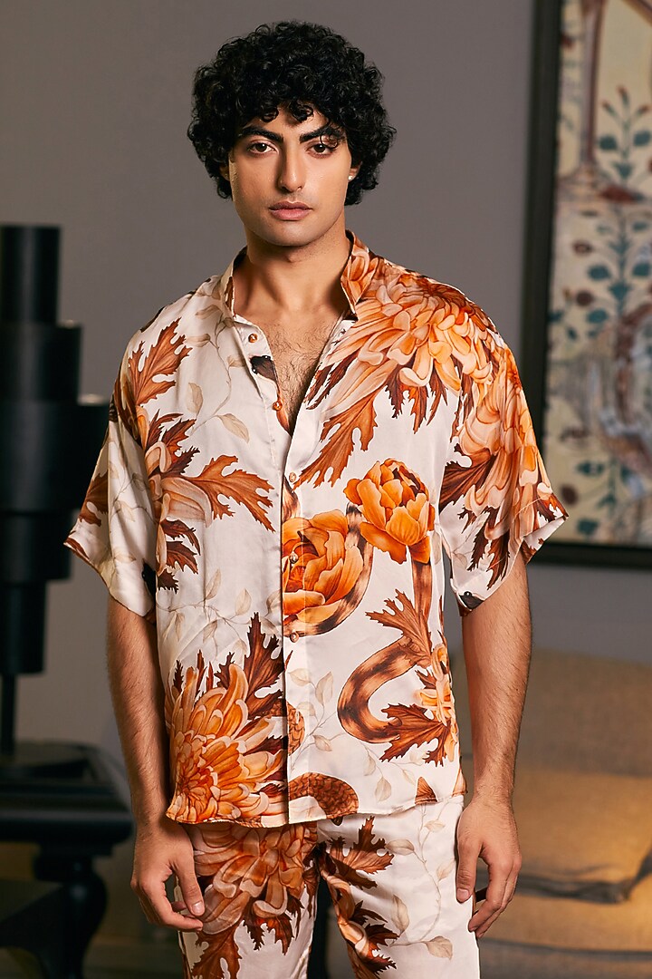 Beige Bemberg Satin Printed Co-Ord Set by Siddartha Tytler Men at Pernia's Pop Up Shop
