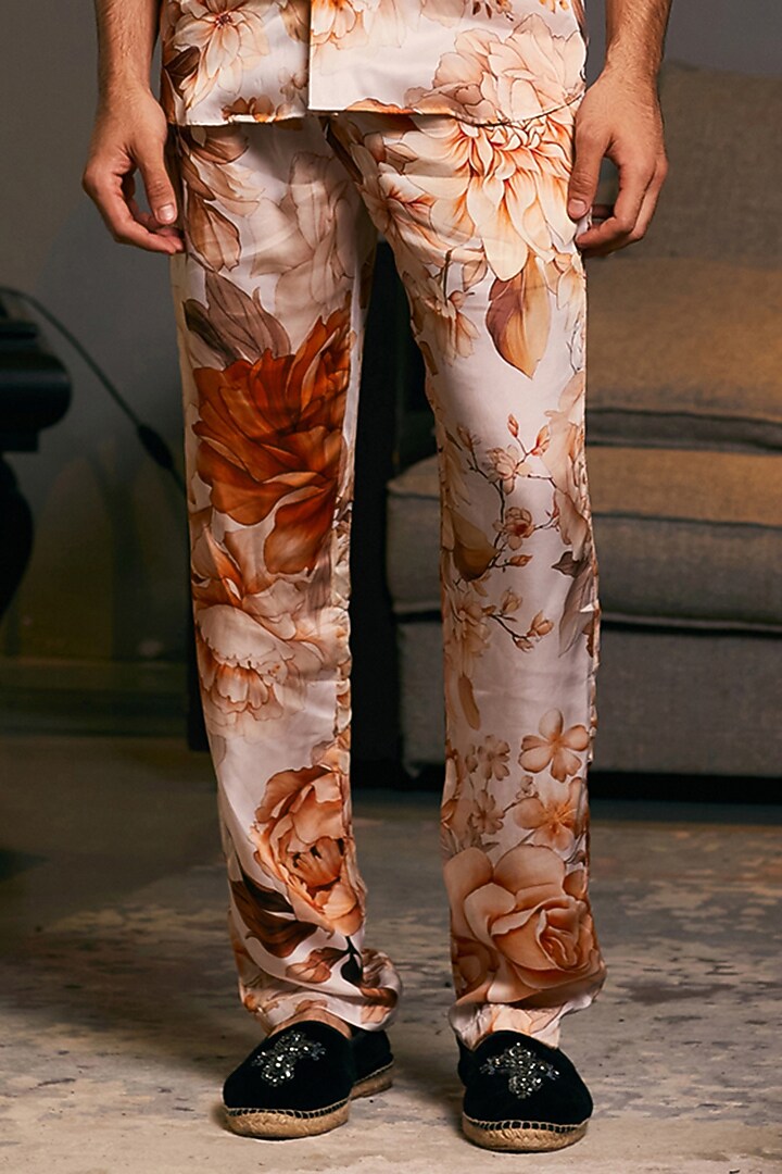 Beige Bemberg Satin Printed Co-Ord Set by Siddartha Tytler Men at Pernia's Pop Up Shop