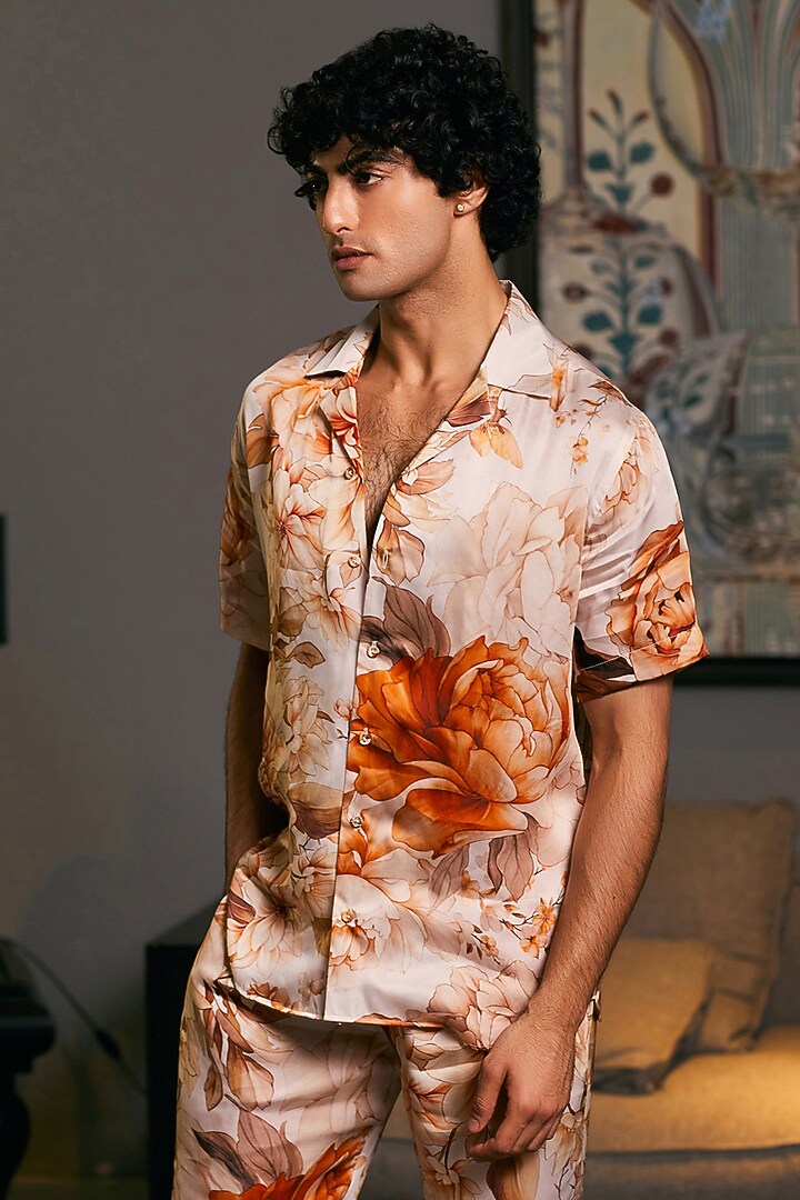 Beige Bemberg Satin Printed Co-Ord Set by Siddartha Tytler Men at Pernia's Pop Up Shop