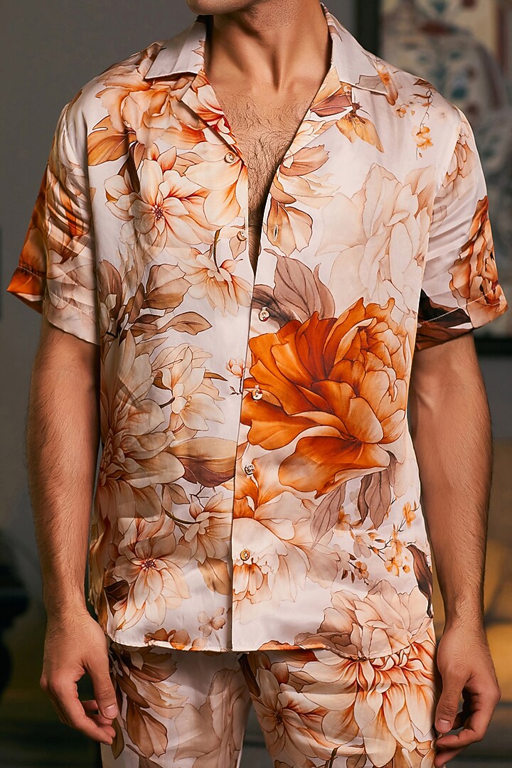 Beige Bemberg Satin Printed Co-Ord Set by Siddartha Tytler Men at Pernia's Pop Up Shop