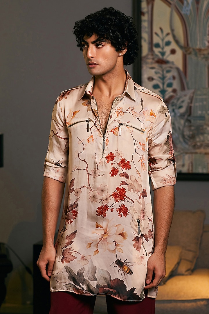 Beige Bemberg Satin Printed Kurta by Siddartha Tytler Men