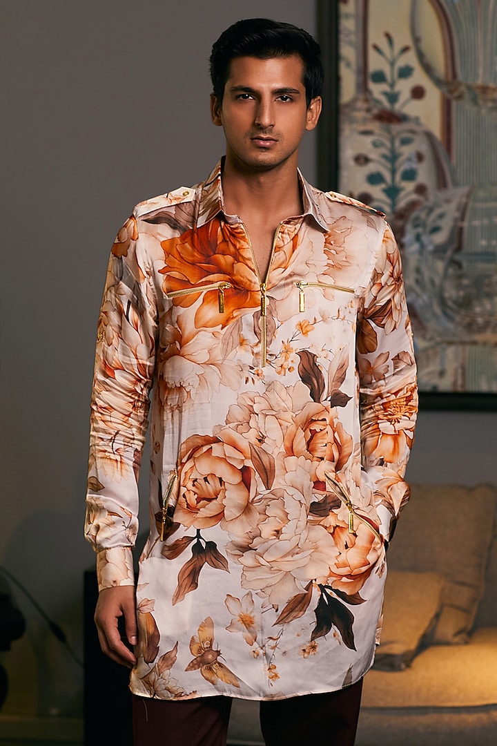 Beige Bemberg Satin Printed Kurta by Siddartha Tytler Men