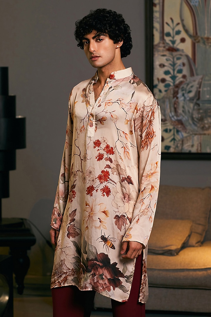 Beige Bemberg Satin Printed Kurta by Siddartha Tytler Men