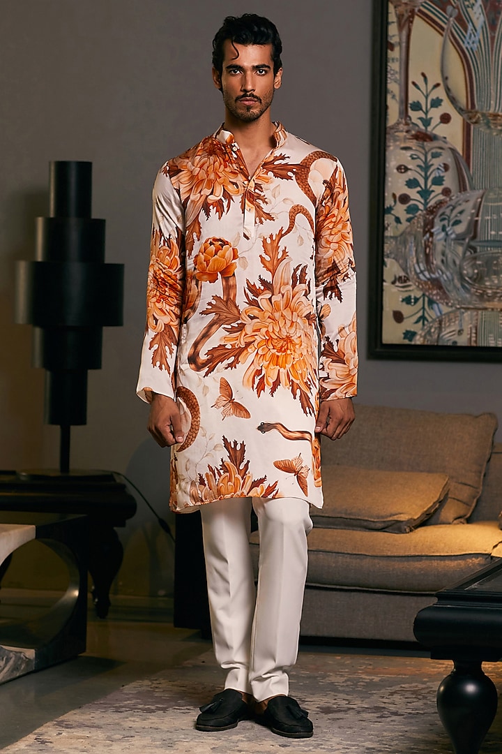 Beige Bemberg Satin Printed Kurta by Siddartha Tytler Men at Pernia's Pop Up Shop