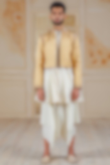 Ivory Short Anarkali Kurta Set With Gold Quilted Bolero Jacket by Siddartha Tytler Men
