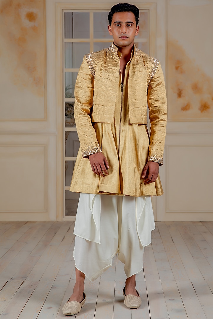 Gold Short Anarkali Kurta Set With Quilted Bolero Jacket by Siddartha Tytler Men