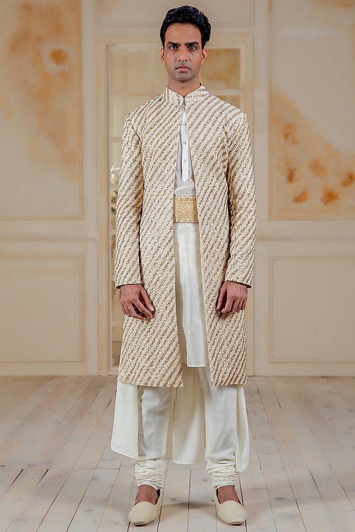 Ivory Kurta Set With Hand Embroidered Achkan Jacket by Siddartha Tytler Men