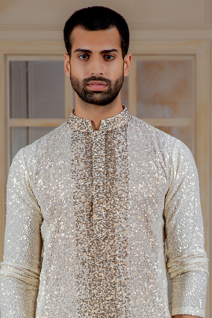 Gold & Ivory Ombre Georgette Sequins Work Kurta Set by Siddartha Tytler Men at Pernia's Pop Up Shop