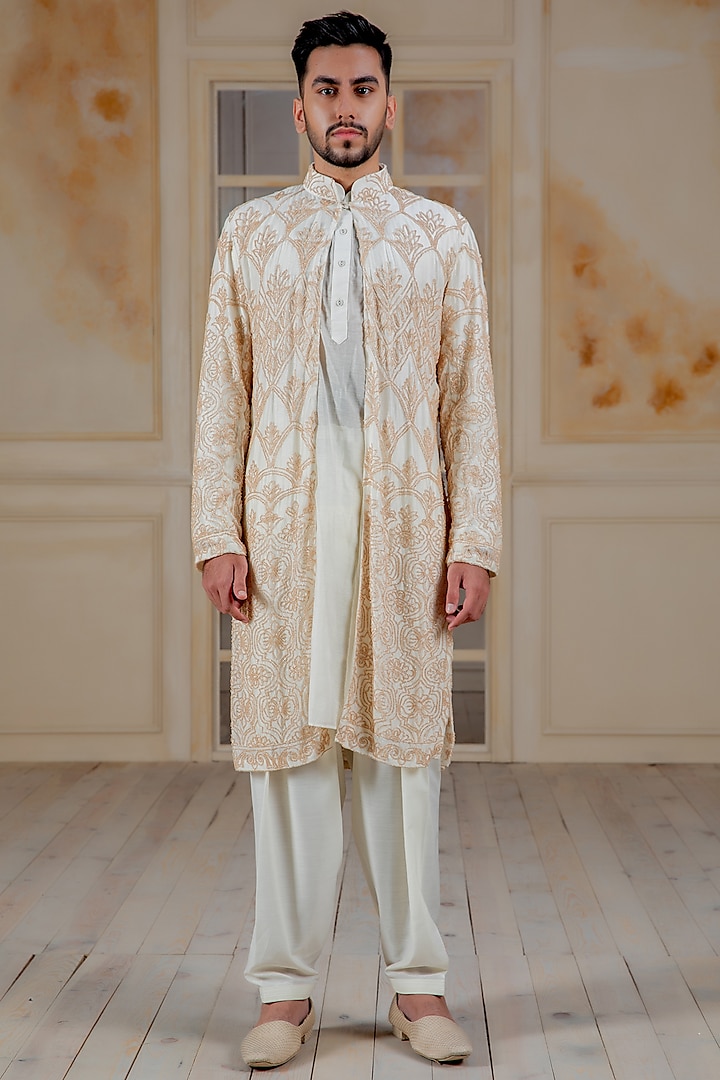 Ivory Kurta Set With Hand Embroidered Achkan Jacket
 by Siddartha Tytler Men