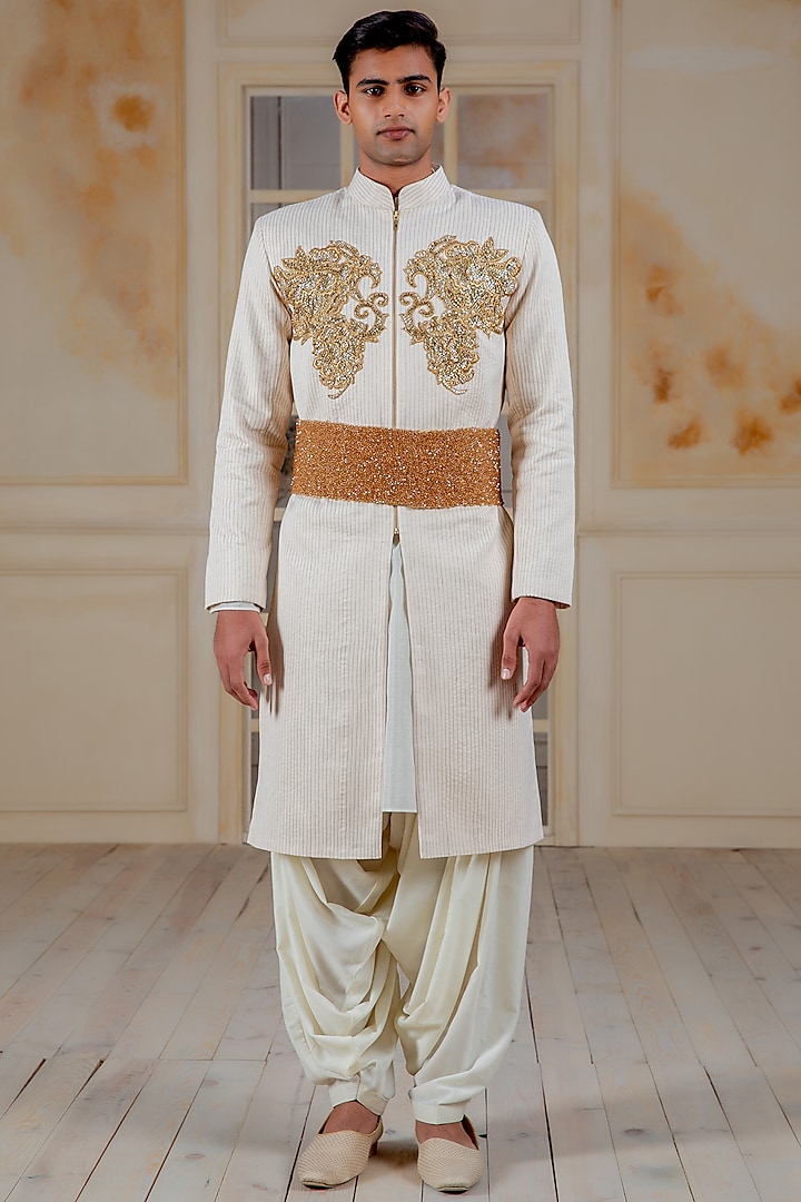 Ivory Quilted Sherwani Set With Crystal Work by Siddartha Tytler Men