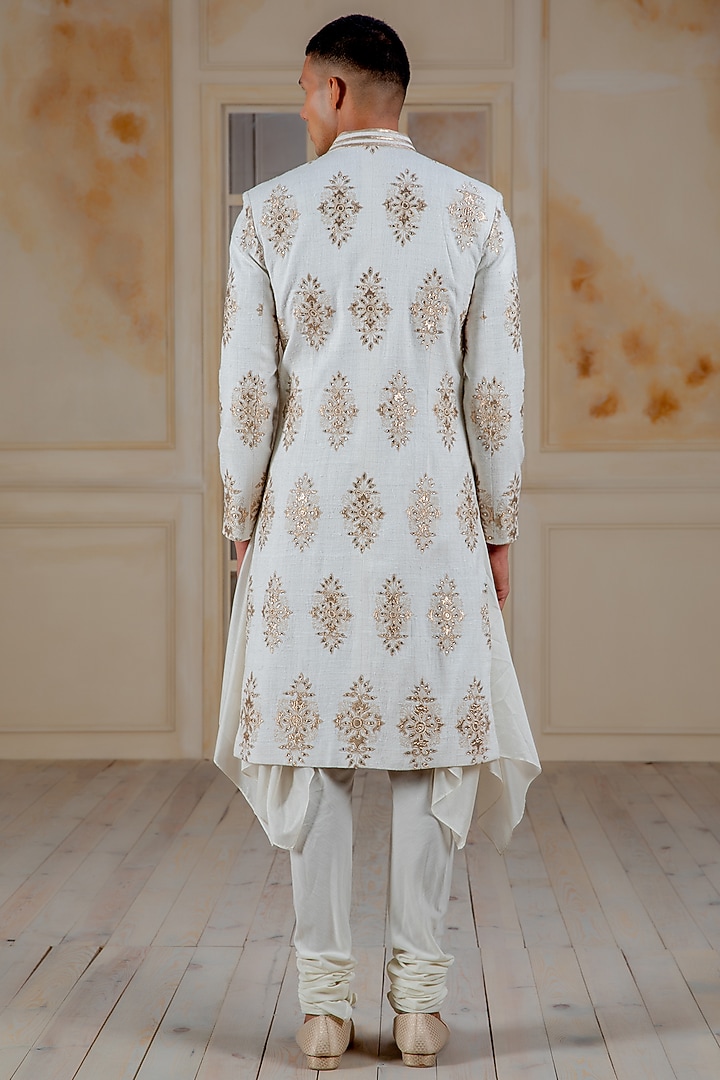 Ivory Matka Silk Applique Work Groom Sherwani Set by Siddartha Tytler Men at Pernia's Pop Up Shop