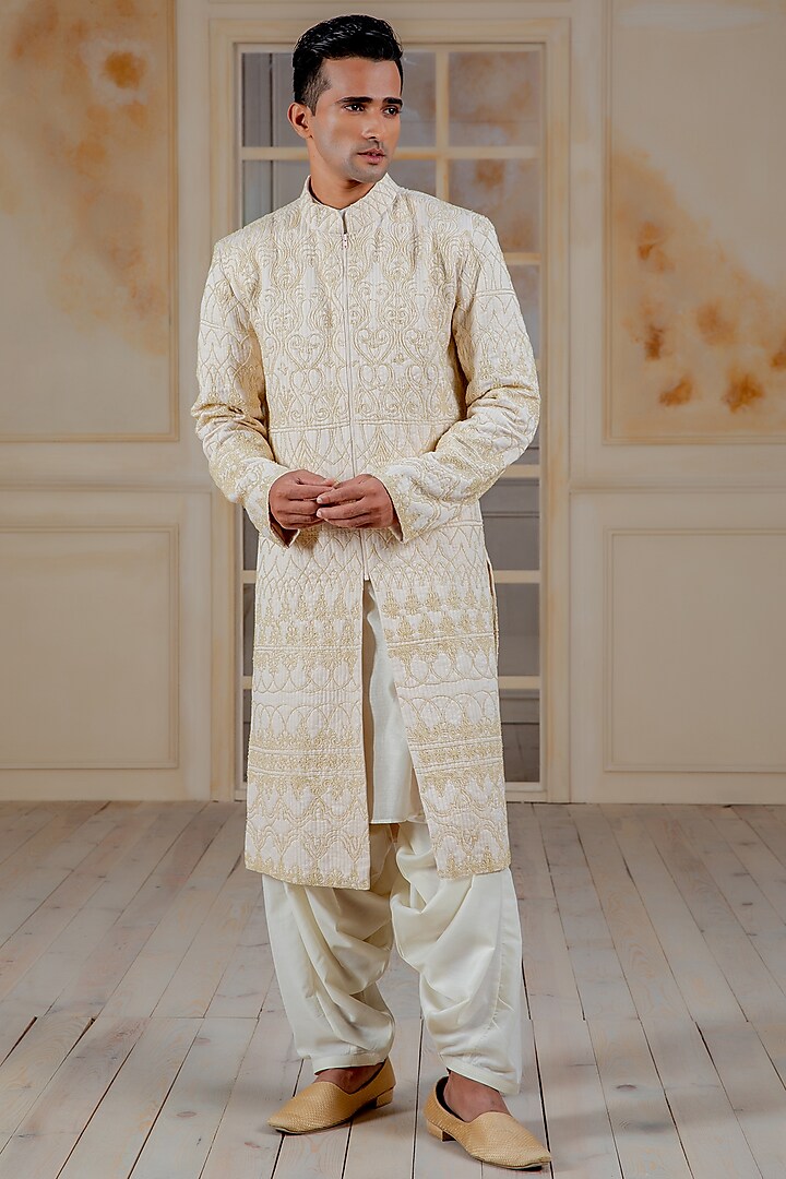 Ivory Hand Embroidered Quilted Sherwani Set by Siddartha Tytler Men