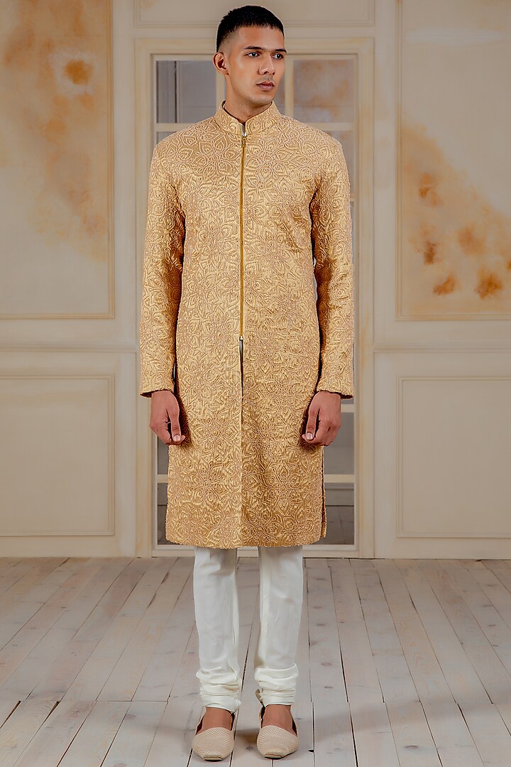 Gold Hand Embroidered Quilted Sherwani Set by Siddartha Tytler Men