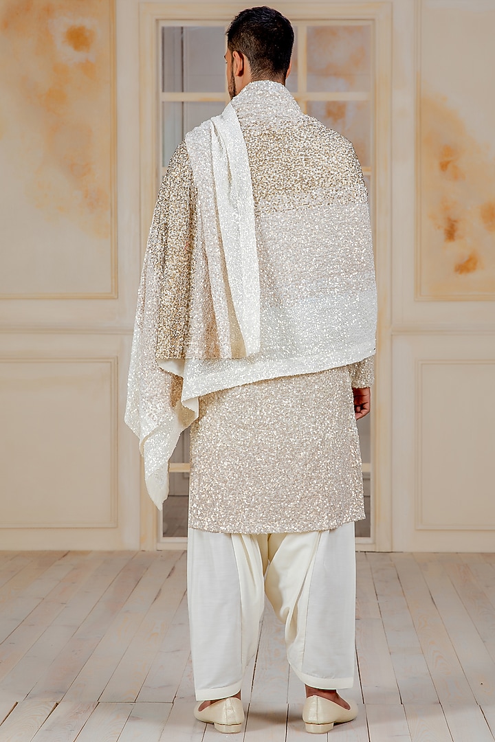Beige & Ivory Georgette Hand Embroidered Ombre Kurta Set by Siddartha Tytler Men at Pernia's Pop Up Shop
