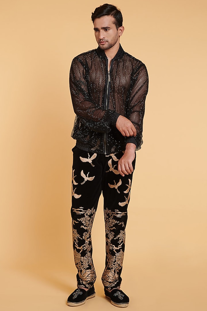 Black Embroidered Pants by Siddartha Tytler Men