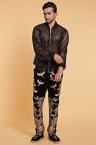 Black Embroidered Pants by Siddartha Tytler Men
