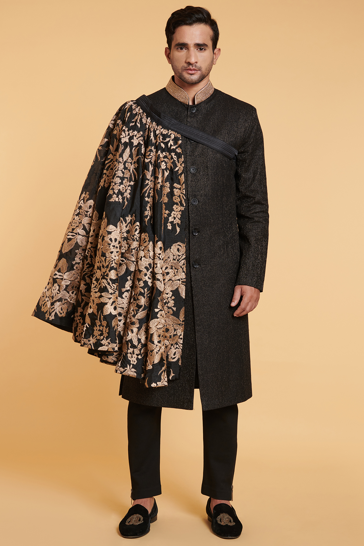 Black Matka Silk Groom Indowestern Set by Siddartha Tytler Men at Pernia's Pop Up Shop