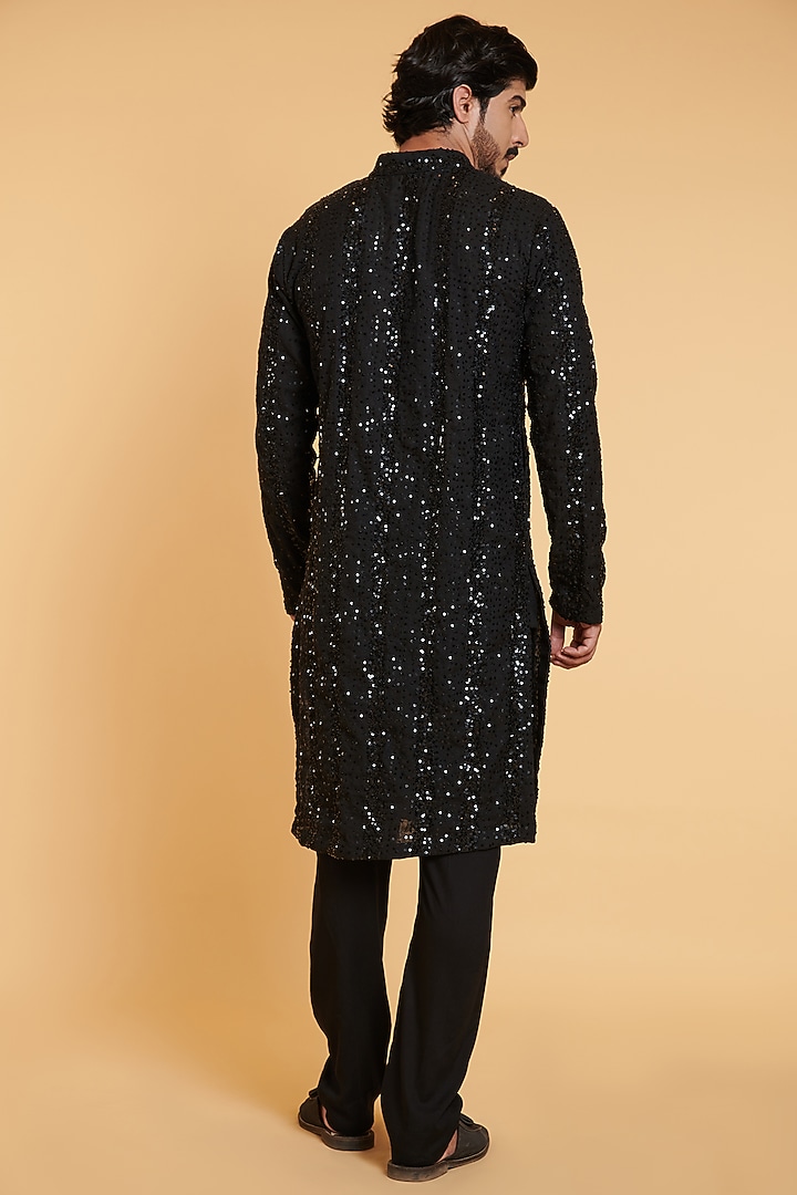 Black Blended Linen Sequin Work Kurta Set by Siddartha Tytler Men at Pernia's Pop Up Shop