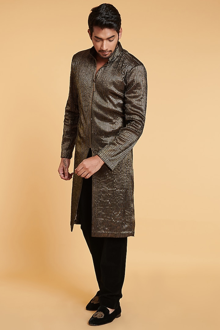 Black & Gold Mesh Groom Sherwani Set by Siddartha Tytler Men at Pernia's Pop Up Shop