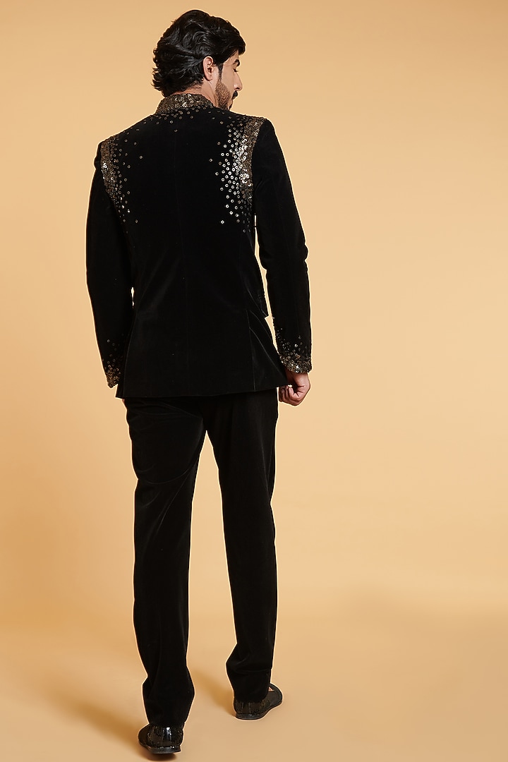 Black Velvet Embroidered Wedding Bandhgala Set by Siddartha Tytler Men at Pernia's Pop Up Shop