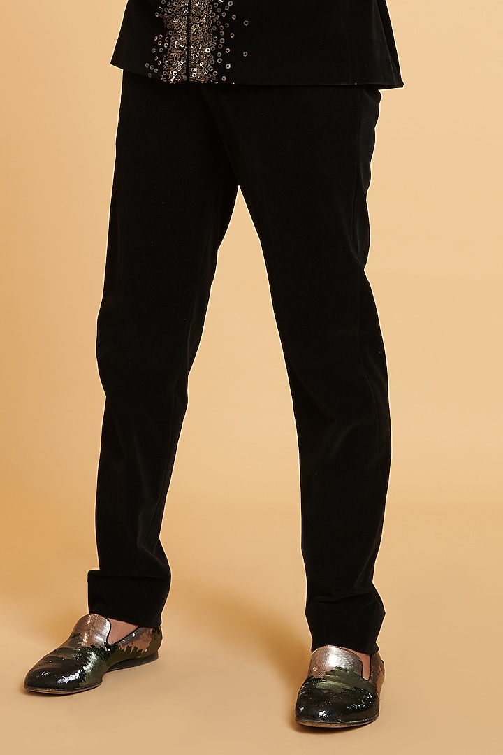 Black Velvet Embroidered Wedding Bandhgala Set by Siddartha Tytler Men at Pernia's Pop Up Shop