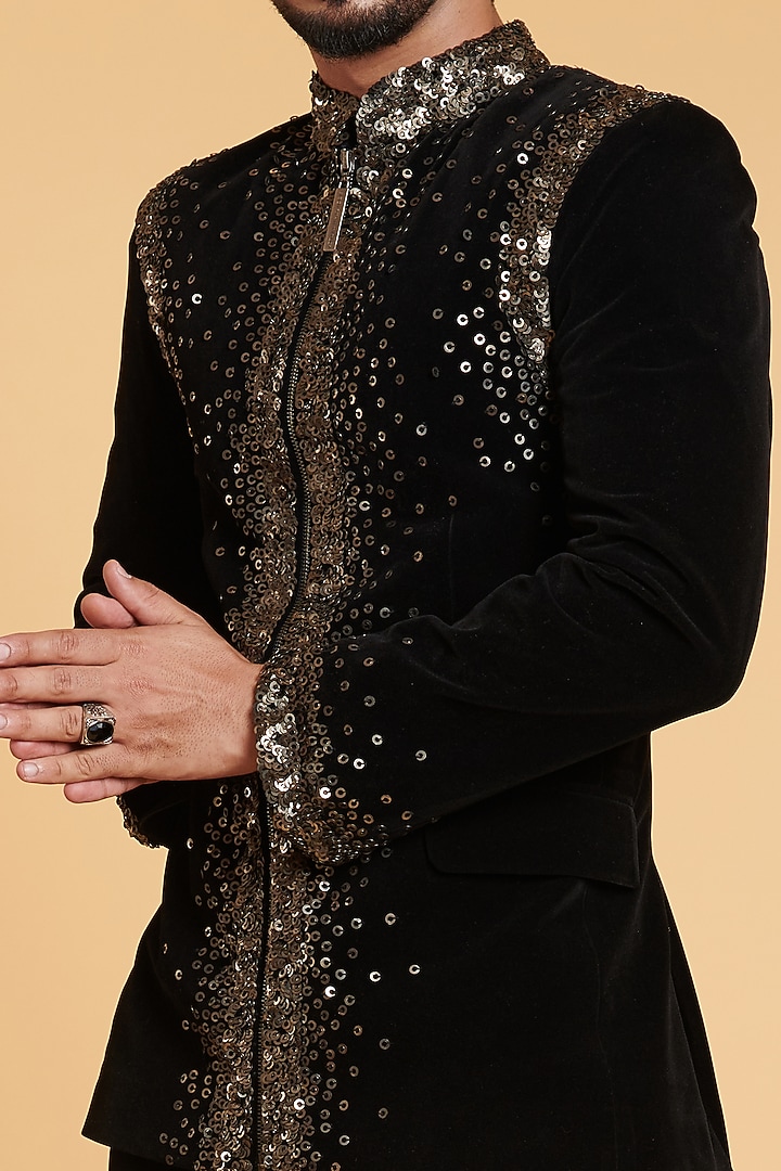 Black Velvet Embroidered Wedding Bandhgala Set by Siddartha Tytler Men at Pernia's Pop Up Shop