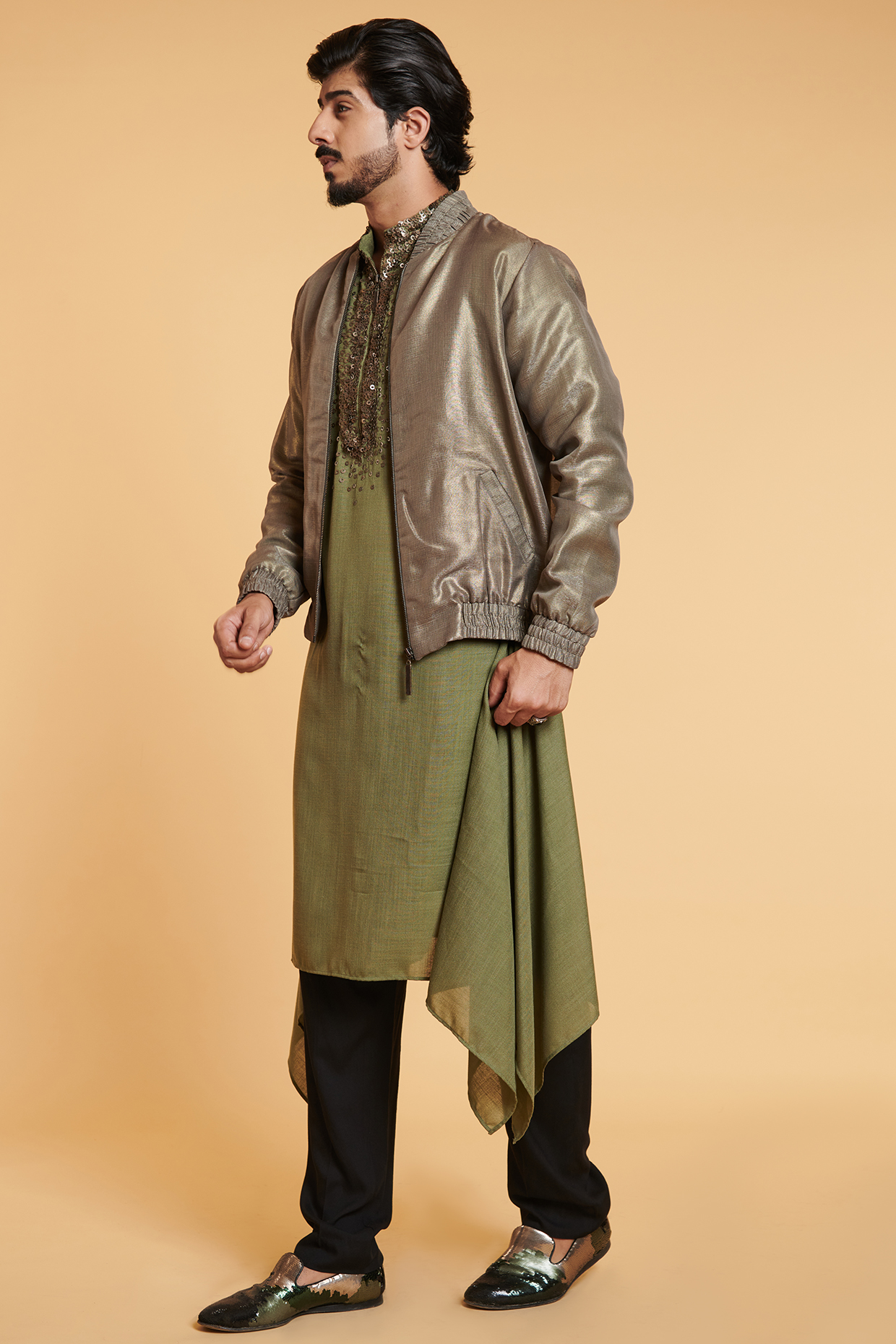Gold Embroidered Bomber Jacket by Siddartha Tytler Men