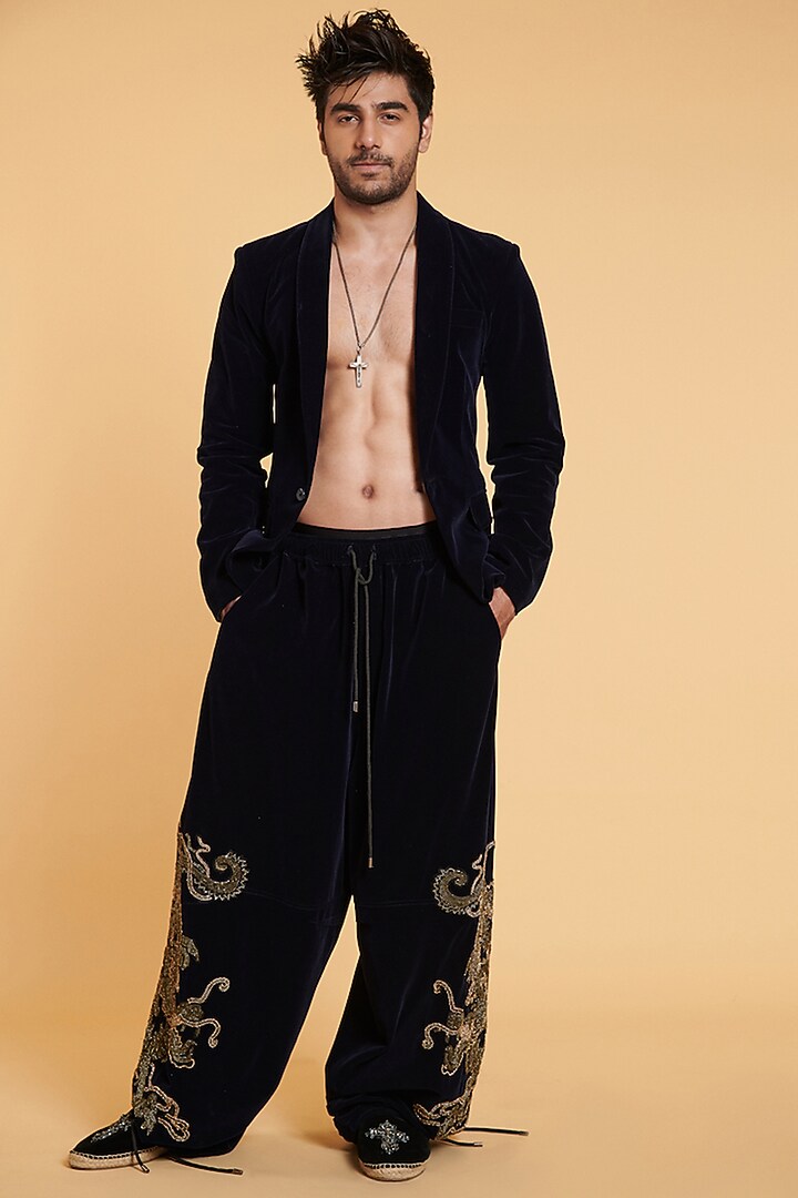 Navy Velvet Blazer by Siddartha Tytler Men at Pernia's Pop Up Shop