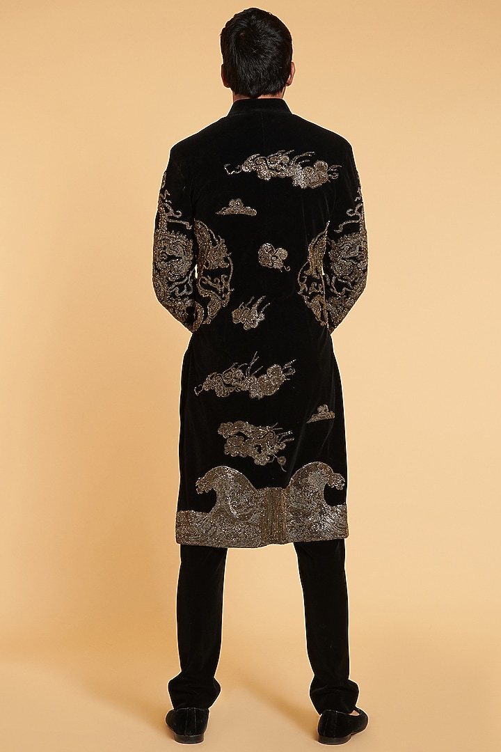Black Velvet Crystal Chain Embroidered Groom Sherwani Set by Siddartha Tytler Men at Pernia's Pop Up Shop