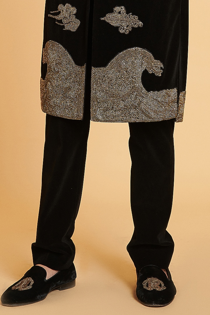 Black Velvet Crystal Chain Embroidered Groom Sherwani Set by Siddartha Tytler Men at Pernia's Pop Up Shop