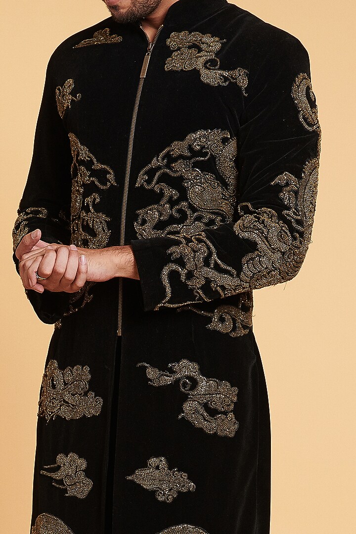 Black Velvet Crystal Chain Embroidered Groom Sherwani Set by Siddartha Tytler Men at Pernia's Pop Up Shop