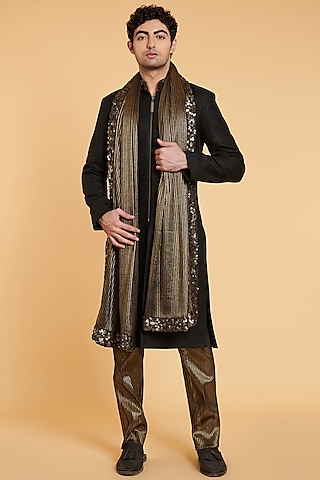 Black & Gold Embroidered Dupatta by Siddartha Tytler Men