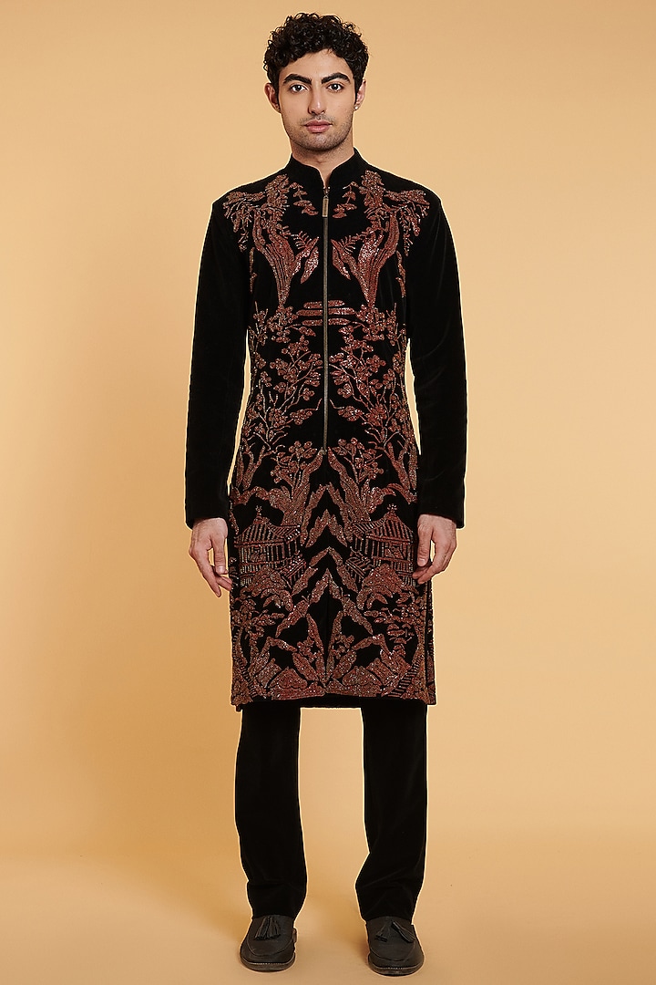 Black Embroidered Sherwani Set by Siddartha Tytler Men