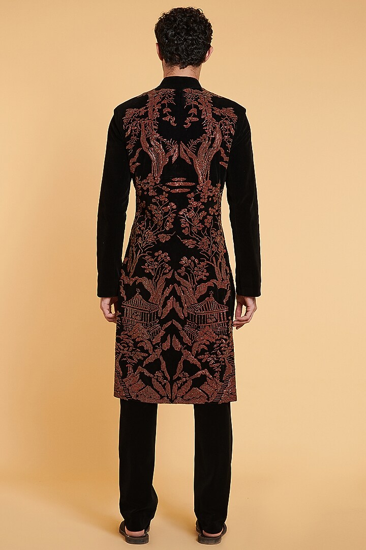 Black Velvet Patch Work Groom Sherwani Set by Siddartha Tytler Men at Pernia's Pop Up Shop